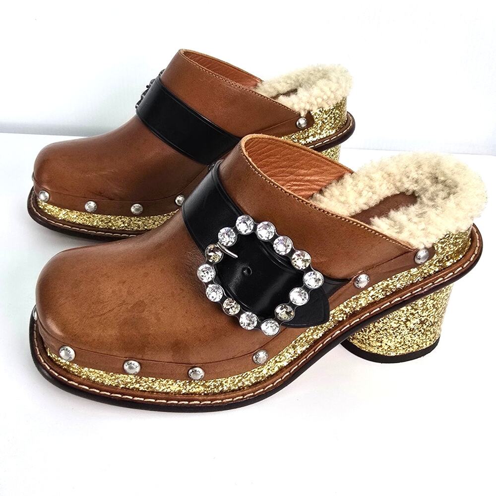Coach Clog Slide Glitter Heel Brown Leather Shearling Insole Swarovski Crystal 7 - Picture 5 of 13